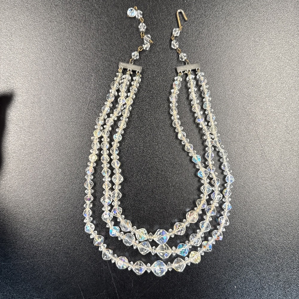 Glass Crystal 3 Strand Necklace with aurora borealis finsh, Vintage Costume - Picture 5 of 7